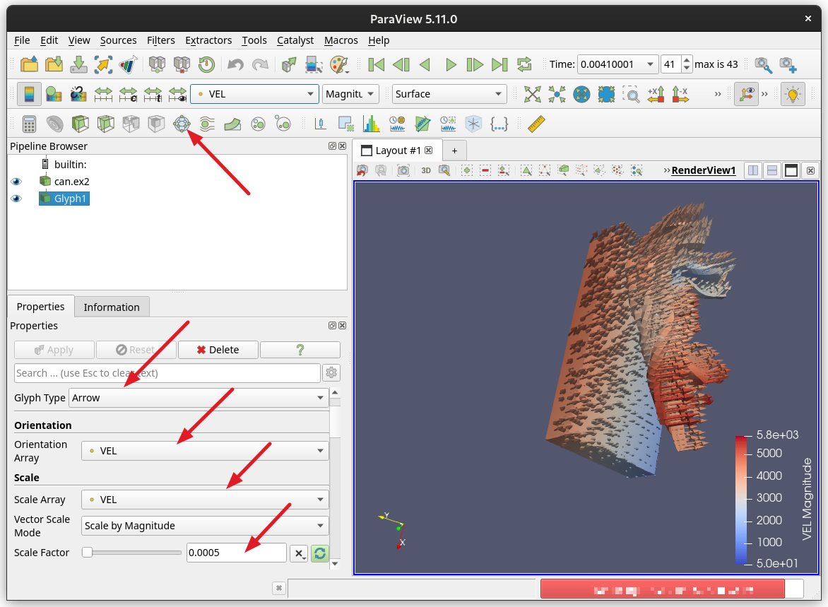 ParaView can.ex2 velocity animation with arrow glyphs