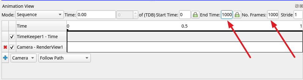 ParaView Animation View set number of frames and end time to 1000