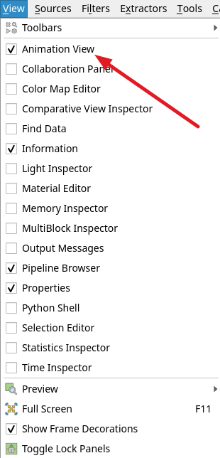 ParaView Animation View option in View menu